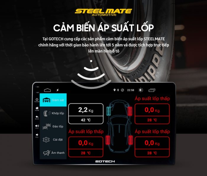 Màn hình Gotech hỗ trợ cài đặt cảm biến áp suất lốp cảnh báo tụt hơi