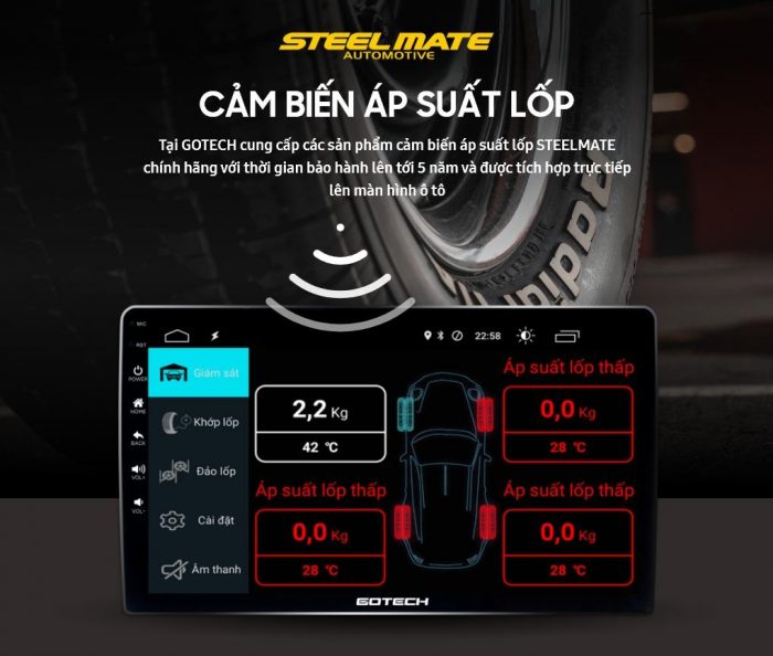 Màn hình Gotech hỗ trợ cài đặt và hiển thị thông số của áp suất lốp