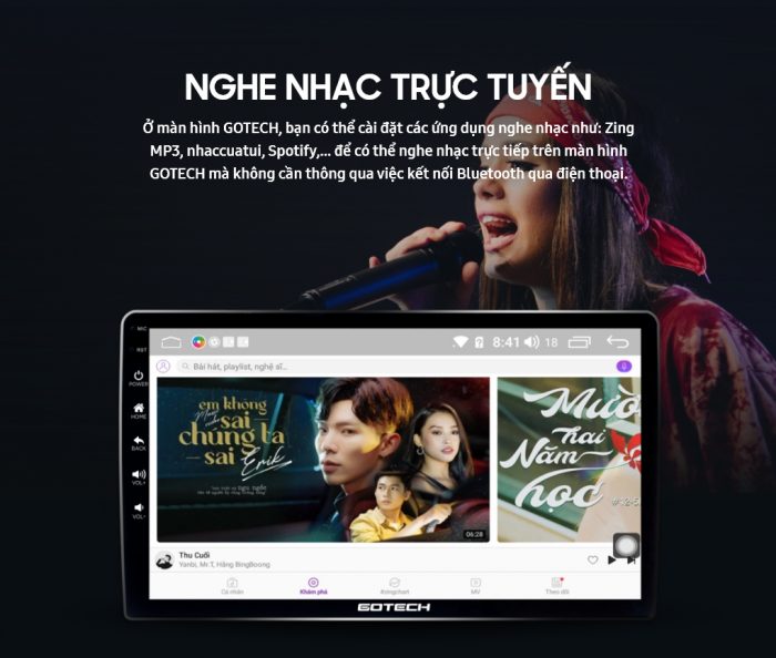 Màn hình DVD ô tô Gotech hỗ trợ nghe nhạc trực tuyến
