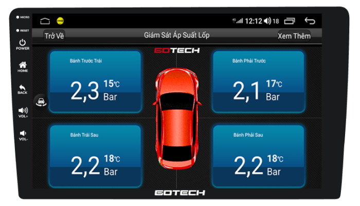 Màn hình Gotech GC6 được trang bị tích hợp kết nối cảm biến áp suất lốp, giúp người lái xe dễ dàng theo dõi và kiểm soát áp suất trong lốp trực tiếp từ màn hình.