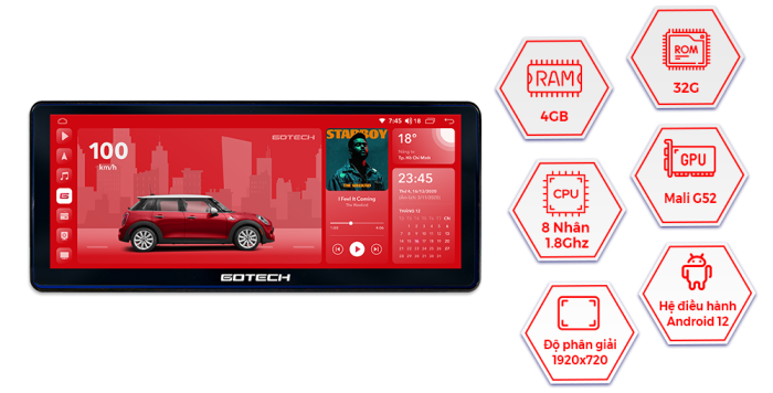 Màn hình ô tô thông minh Gotech GT12.3i được trang bị cấu hình mạnh mẽ, đảm bảo chạy mượt mà các ứng dụng