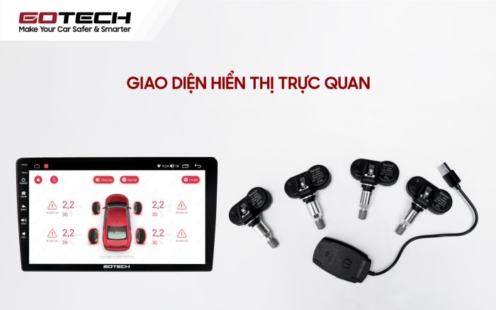 Thông số áp suất, nhiệt độ lốp hiển thị trên màn hình Android ô tô tương ứng với từng lốp